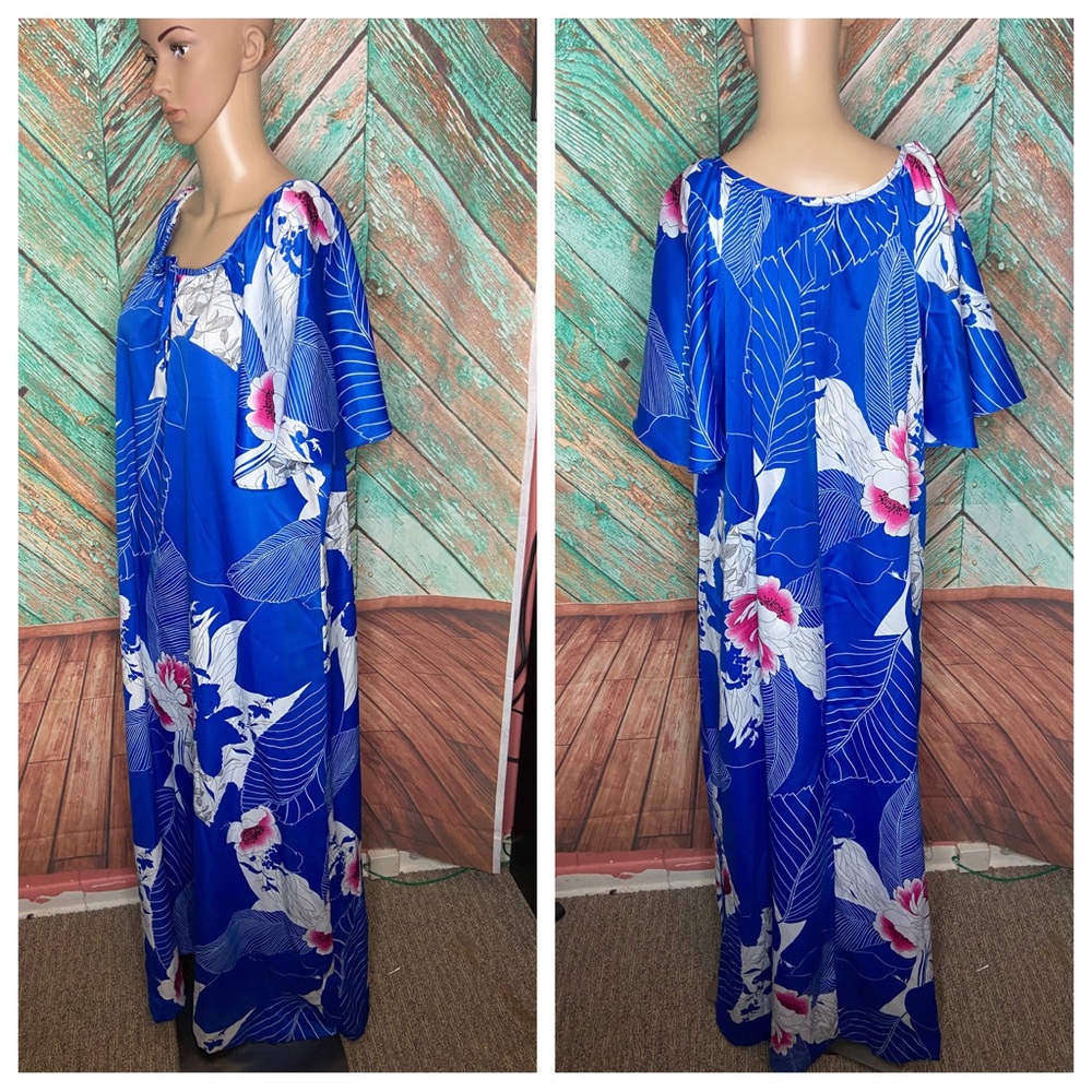 Vintage Hilo Hattie’s Hawaiian Blue Hibiscus Floral Maxi Dress MuMu - Picture 2 of 7
